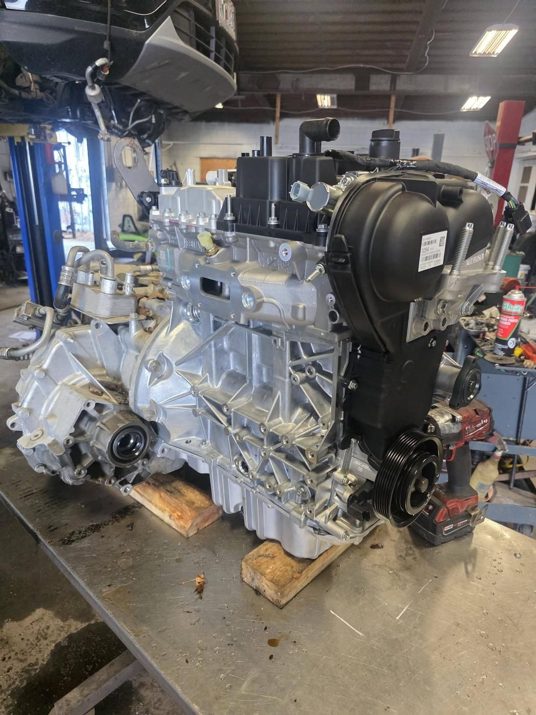 New engine mated to the transmission, ready for install.